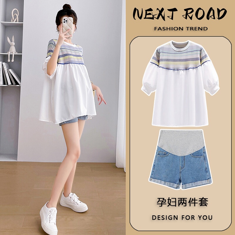British Dhwa Maternity Wear Summer 2026 New Set Fashionable Three-Quarter Sleeve Top Jeans Large Size Loose British Dhwa Maternity Wear Summer 2026 New Set Fashionable Three-Quarter Sleeve Top Jeans Large Size Loose