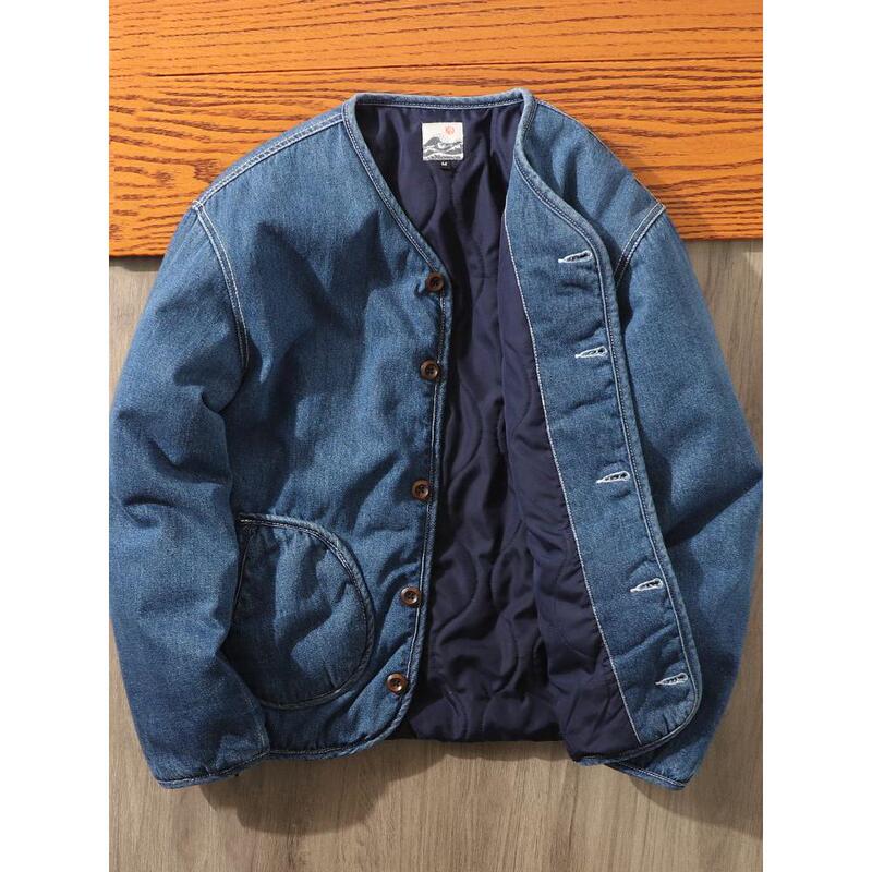 Japanese-Style Niche Autumn and Winter Washed Denim Cotton Jacket for Men, Quilted Warm Collarless Cotton Coat 2025