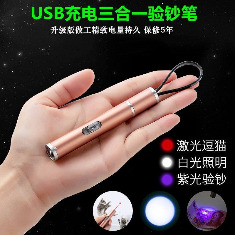 Three-in-one flashlight detector lamp violet light ultraviolet multi-function rechargeable mini funny cat stick teaching whip real estate