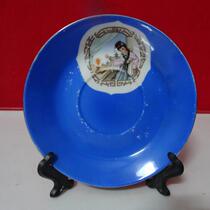 Antique old dish blue glaze antique characters small plate teacup with tea dish movie channel with wear physical photo