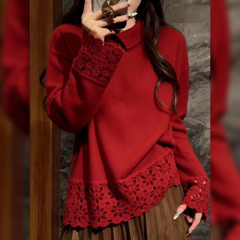 Red Hollow Lace Patchwork Long-Sleeve T-Shirt for Women 2026 New Plus Size Loose Slimming Base Shirt Top