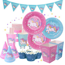 Unicorn Themed Children Birthday Arrangement Cutlery Meet Baby Party Supplies Cake Paper Tray Cups Plate