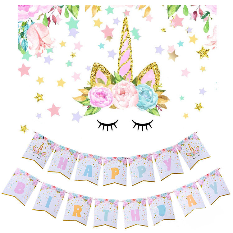 Ins wind net red unicorn birthday arrangement pull flower pony flag Polaroid theme children's birthday decoration bunting