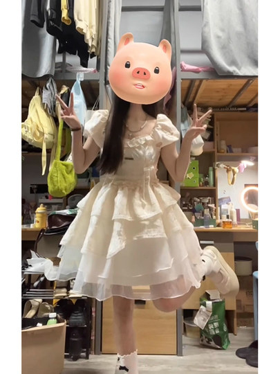 Girls' Big Kids' French Sweet and Cool Dress, Summer High-End Style, Runaway Princess Waist-Cinching Puffy Cake Skirt, Short Skirt