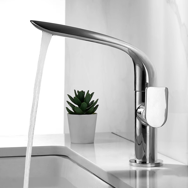 Psan Washbasin Extended Faucet, Swivel, Simple Design, All-Copper Countertop Washbasin Hot and Cold Water Faucet for Bathroom