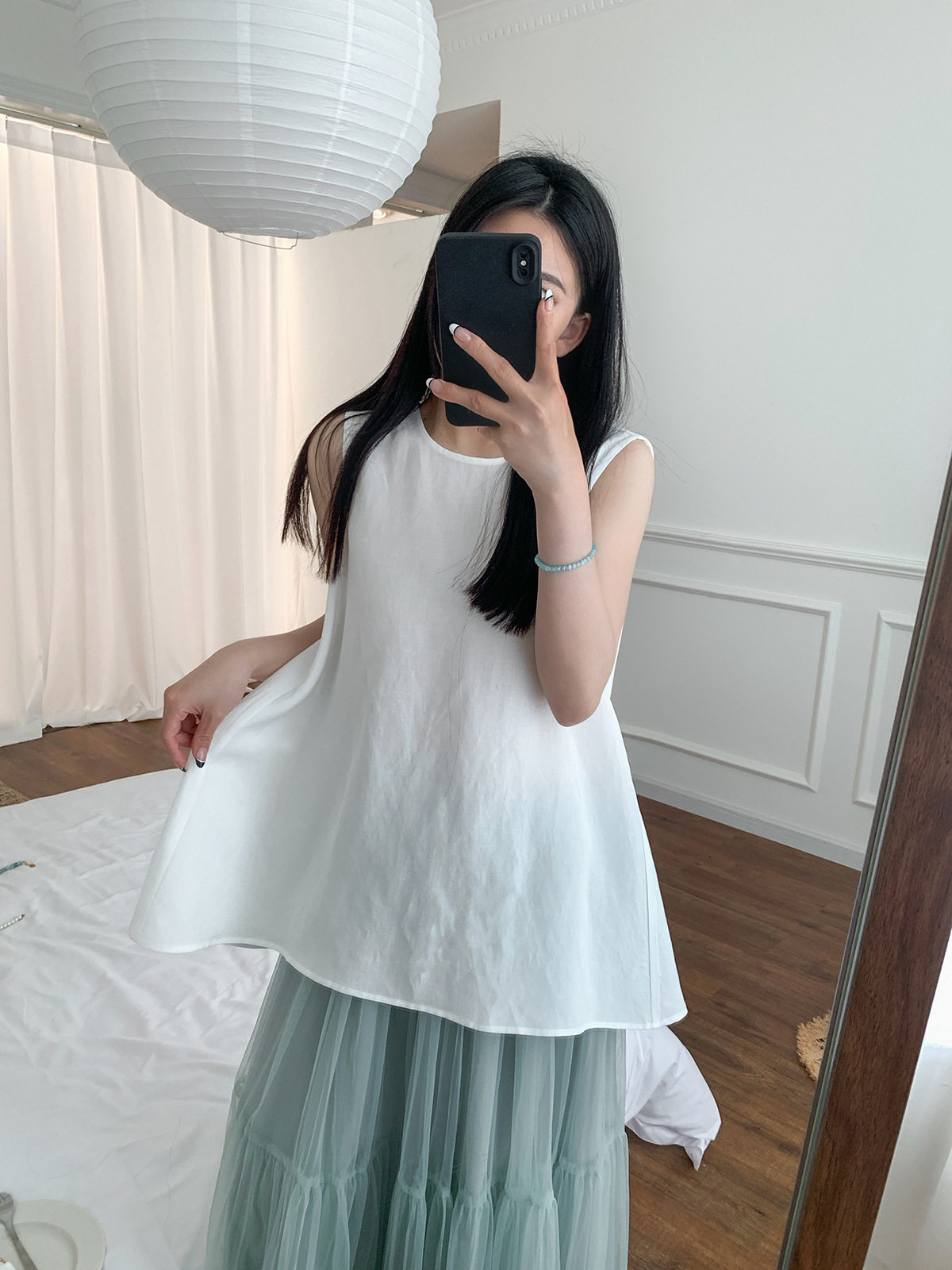Блузка c家女装亚麻天丝背心标准版型圆领a字混纺缩褶上衣25夏新扭结无袖