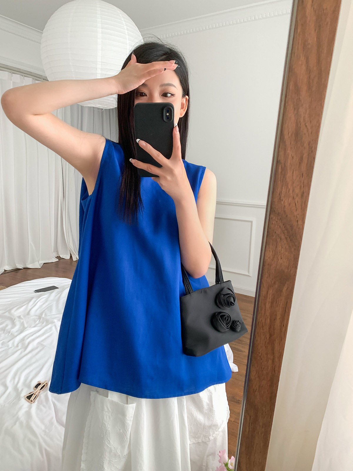 Блузка c家女装亚麻天丝背心标准版型圆领a字混纺缩褶上衣25夏新扭结无袖