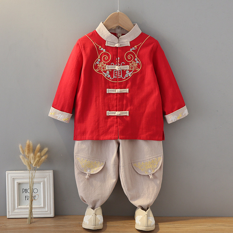 Boy Han clothes Chinese wind spring and autumn cotton numb suit children's retro clothes small baby gown Chinese style Tang suit