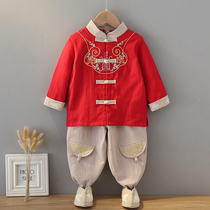 Boy Han clothes Chinese wind spring and autumn cotton numb suit childrens retro clothes small baby gown Chinese style Tang suit