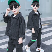 Boy denim suit 2021 new foreign-style childrens Korean version of childrens handsome middle-aged childrens leisure sports two-piece set