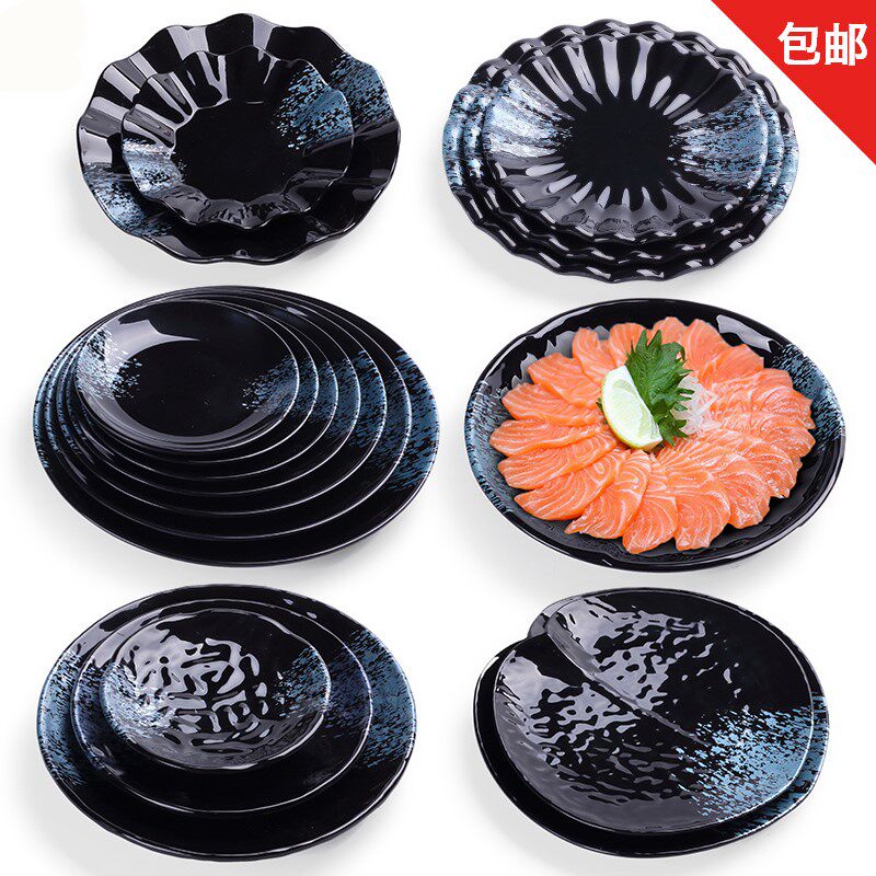 Round black blue diamond imitation porcelain plastic cold dish disc bone plate Japanese Korean buffet plate hot pot restaurant barbecue plate