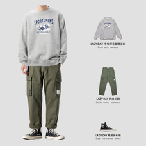 LAZY DAY autumn mens clothing set with Japanese retro crew neck sweater loose casual straight overalls trend