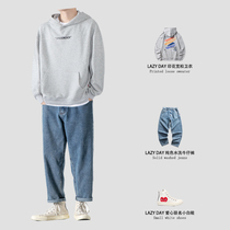 LAZY DAY spring and autumn hooded sweater mens Korean version of the trend loose casual all-match long-sleeved rainbow printed top trend