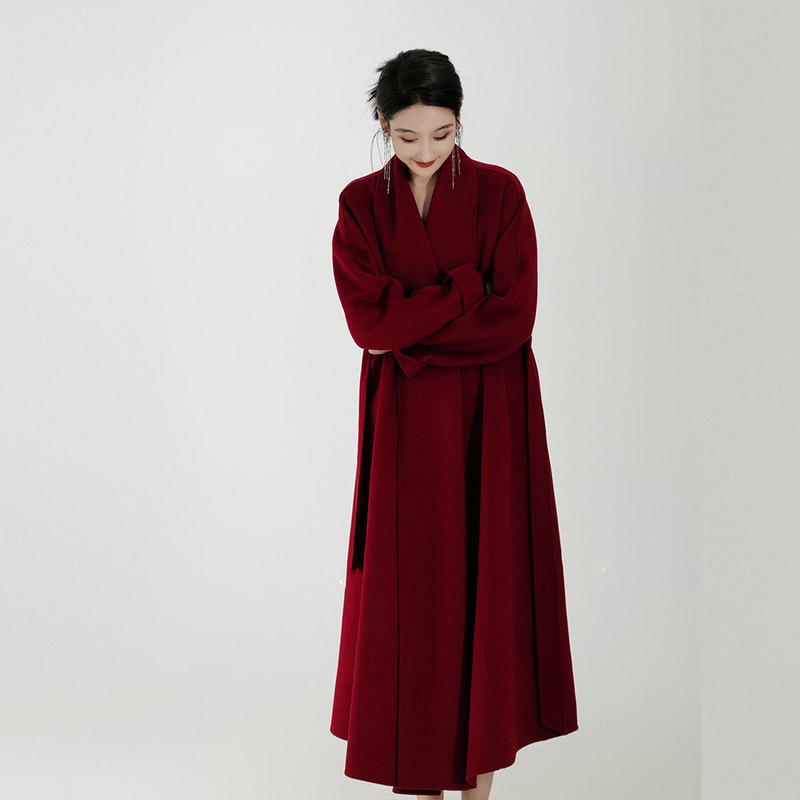 Red 10% Double-Sided Cashmere Coat for Women, High-End Long Hepburn Style with Oversized Skirt, Wool New Year's Coat