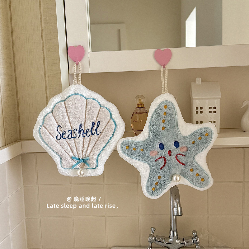 Ocean Series Shell and Starfish Hand Towel, Hanging Type, Kitchen Lint-Free, Absorbent, Quick-Drying, Cute Bathroom Handkerchief