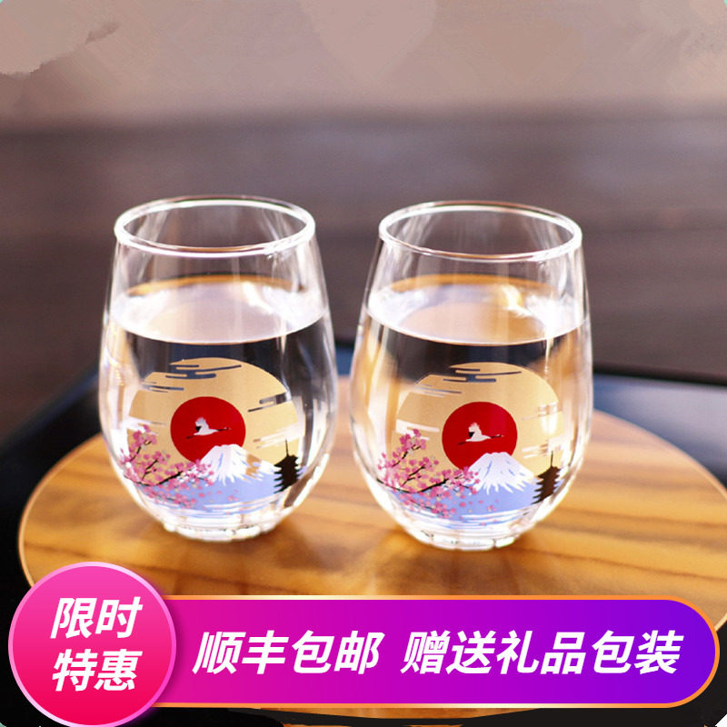 Japan Imports High Wood Pottery Cold Sensation Glass Clear Wine Glass Fuji Mountain Cherry Blossom Glass Water Cup Birthday Present