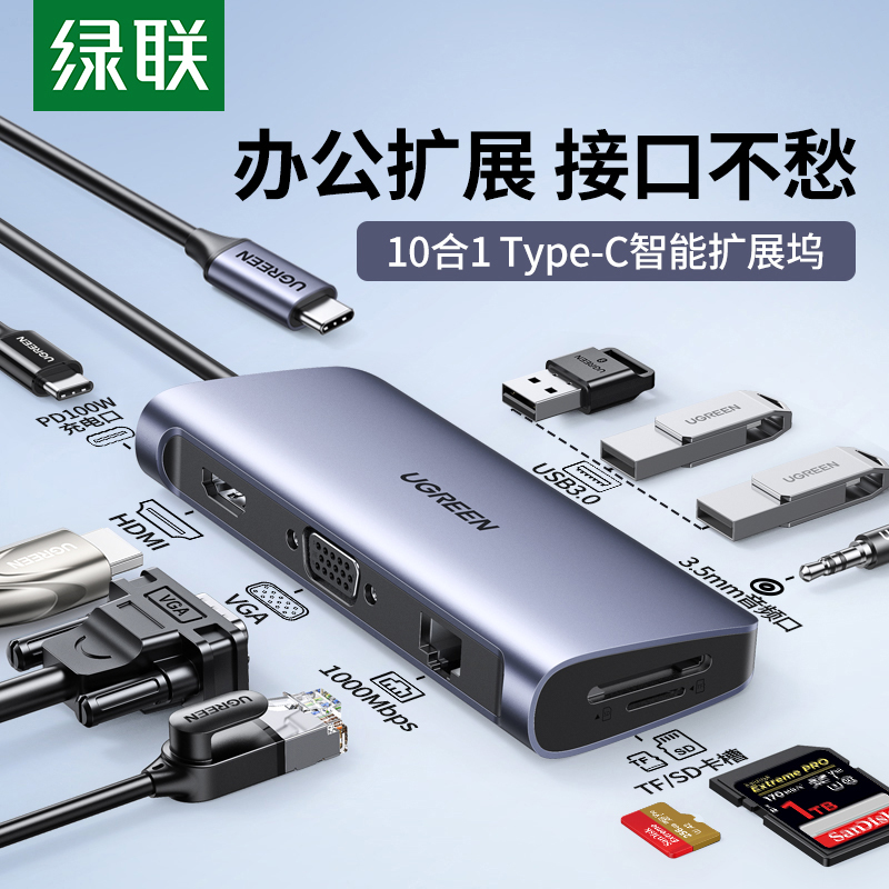 Greenlink Type-C Docking Station Laptop Converter MacBook Docking Station Usb-C Multi-Port Hub Splitter HDMI Screen Projection Gigabit Network Card Sd Card Reader Pd Charging Multi-Function
