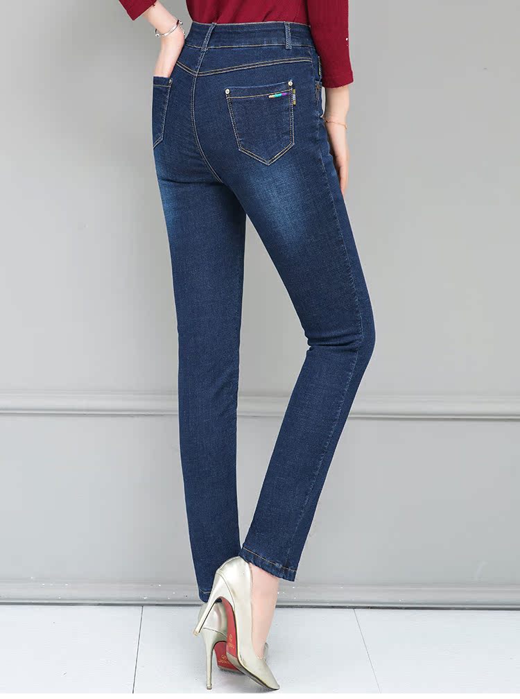 Quần jean nữ cỡ trung cỡ lớn quần jeans cộng với quần nhung dày mùa đông mặc eo cao nhỏ thẳng dài 40 tuổi năm mươi quần bò đen nữ