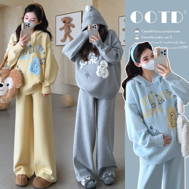 Maternity Autumn Outfit, Fashionable and Stylish, Casual, Loose, Belly-Covering, Thickened Embroidered Hooded Sweater, Autumn and Winter Two-Piece Set Maternity Autumn Outfit, Fashionable and Stylish, Casual, Loose, Belly-Covering, Thickened Embroidered Hooded Sweater, Autumn and Winter Two-Piece Set