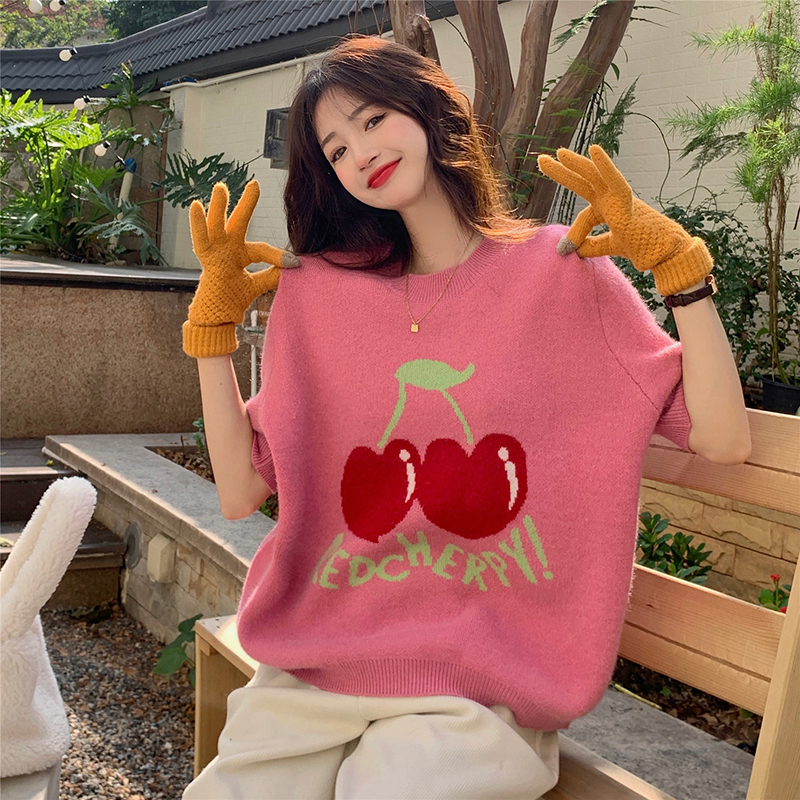 Large size Early spring cherry knit cardiovert T-shirt woman 2022 new fat mm short sleeve sweater sweaty foam sleeve blouse