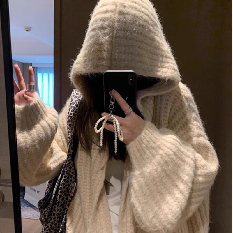 Lazy and Soft Hooded Sweater Coat for Women 2024 Autumn and Winter Korean Style Loose Mid-Length Knitted Outerwear Thick