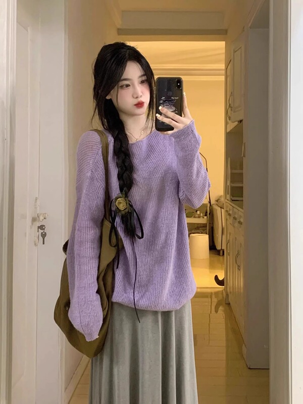 2024 Spring New Purple Long Sleeve Thin Loose Knit Sweater Round Neck Pullover Women's Korean Style Casual Top 2024 Spring New Purple Long Sleeve Thin Loose Knit Sweater Round Neck Pullover Women's Korean Style Casual Top
