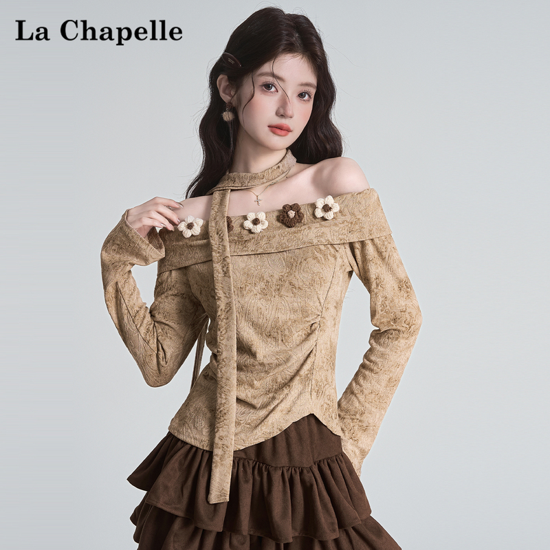 La Chapelle Off-Shoulder Long-Sleeve T-Shirt for Women, Autumn Three-Dimensional Floral Slim-Fit Ruched Pure Desire Style Top, Trendy La Chapelle Off-Shoulder Long-Sleeve T-Shirt for Women, Autumn Three-Dimensional Floral Slim-Fit Ruched Pure Desire Style Top, Trendy