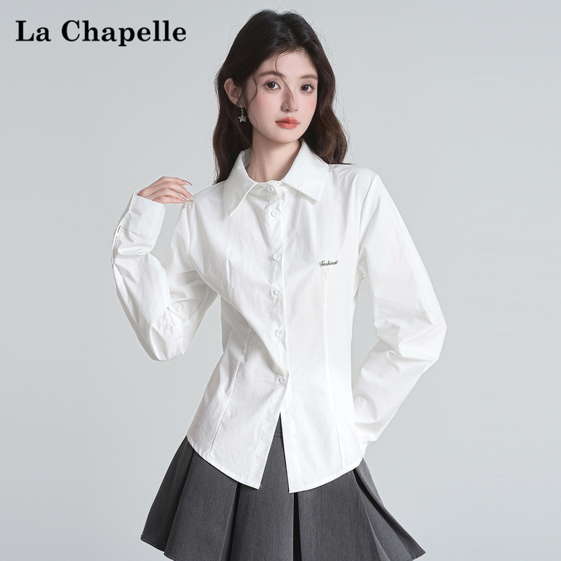 La Chapelle Preppy Style White Jk Uniform Long-Sleeve Shirt for Women, Spring Waist-Cinching Slim-Fit Shirt, Base Layer Top