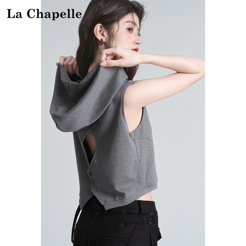 La Chapelle Backless Hollow-Out Design Hooded Sleeveless Vest Gray T-Shirt for Women Summer Hot Girl Short Top