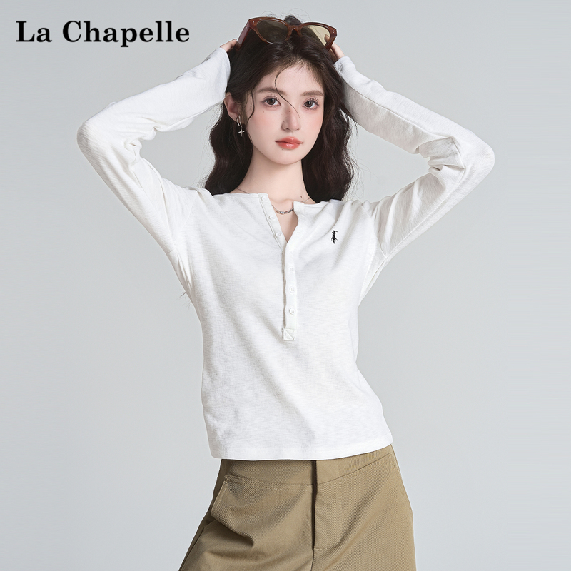 La Chapelle White Half-Open Collar Long-Sleeve T-Shirt for Women, Spring and Autumn Slim-Fit Inner Layer Short Top