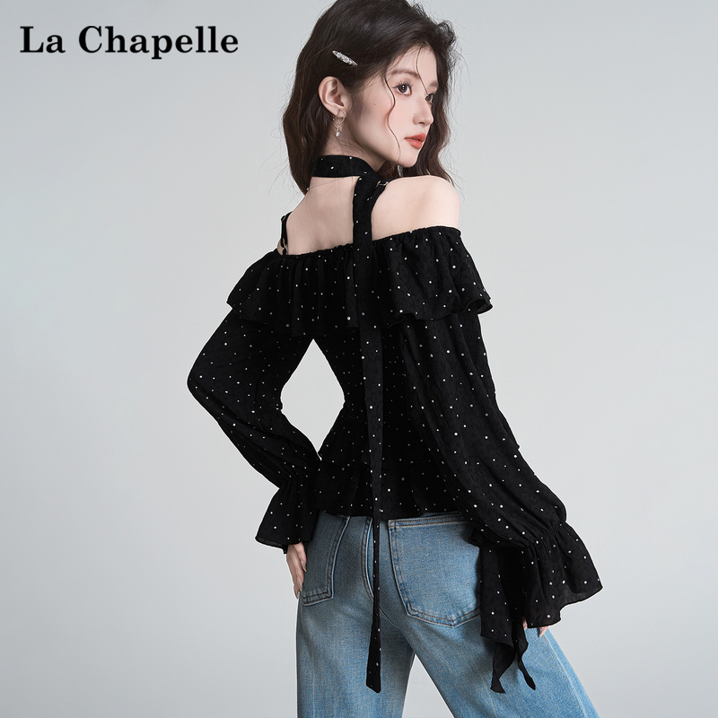 La Chapelle Off-Shoulder Black Polka Dot Chiffon Shirt, Autumn Irregular Ruffle Long-Sleeve Shirt, Off-Shoulder Top