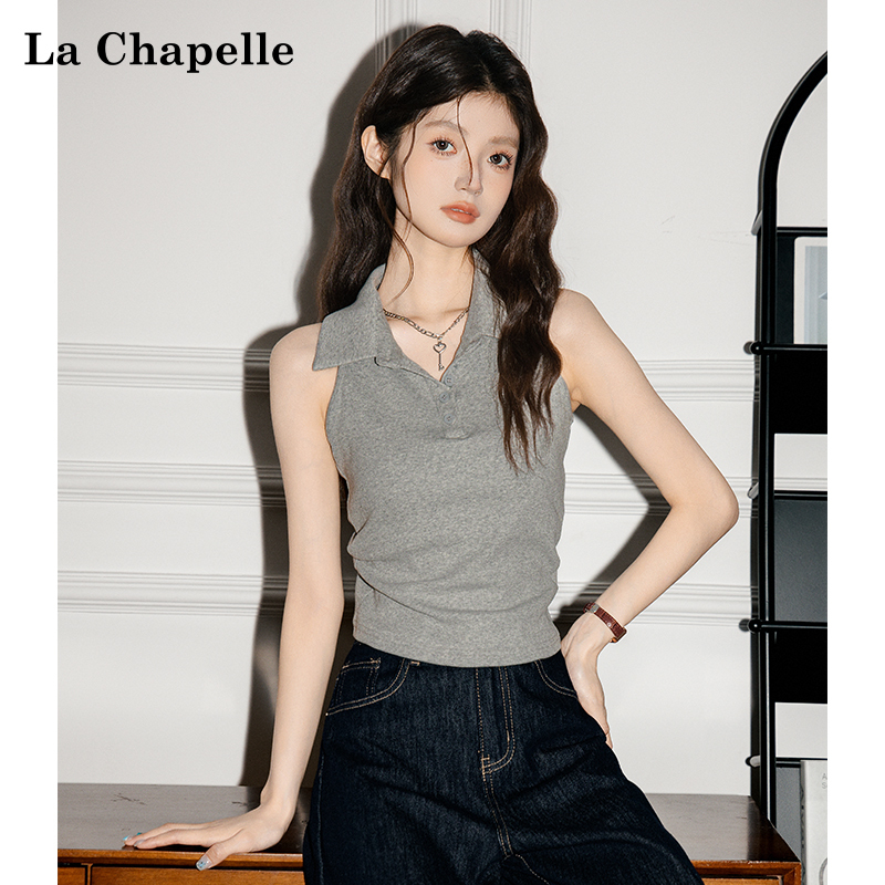 La Chapelle American Retro Lapel Sleeveless Camisole for Women 2025 Gray Commuter Slim-Fit Top