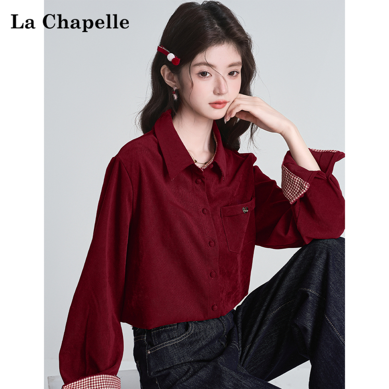 La Chapelle Red Polo Collar Shirt for Women, Winter Inner Layer Base Shirt, High-End Long-Sleeve Shirt, Elegant Top