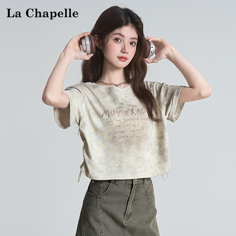 La Chapelle Summer American-Style Tie-Dye Letter Print Loose Short-Sleeve T-Shirt for Petite Women, Round Neck Cropped Top