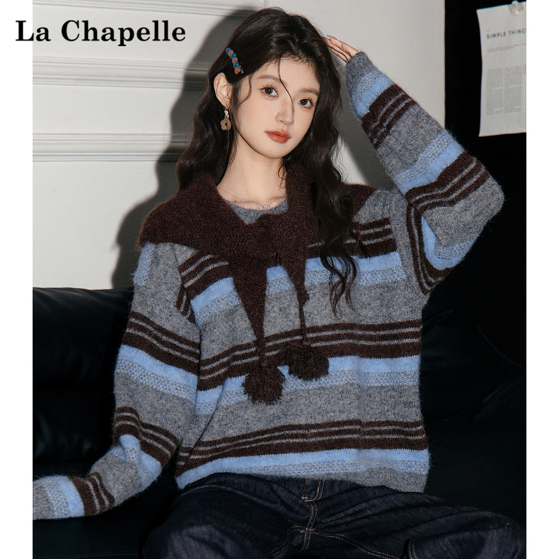 La Chapelle Gray Striped Soft and Lazy Style Shawl Knit Sweater for Women, Winter Loose Inner Layer Warm Sweater La Chapelle Gray Striped Soft and Lazy Style Shawl Knit Sweater for Women, Winter Loose Inner Layer Warm Sweater