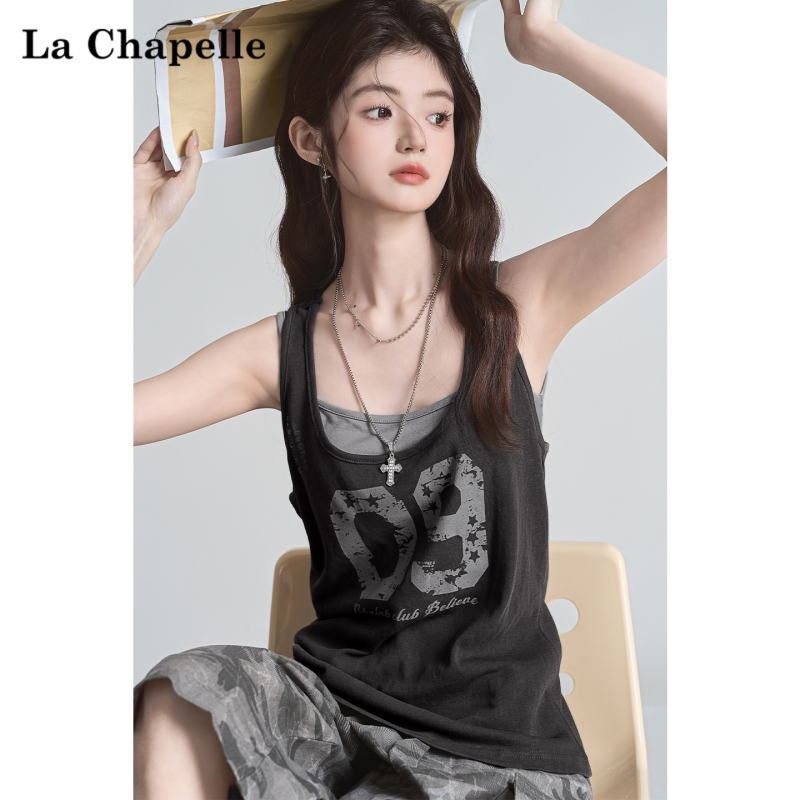 La Chapelle American Retro Gray Camisole for Women, Summer Letter Print Loose Sleeveless Top Two-Piece Set
