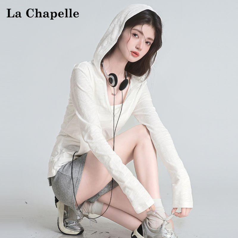 La Chapelle Sweet Cool Style V-Neck White Hooded Long-Sleeve T-Shirt for Women, Spicy Girl Cardigan Top with a Sense of Design, Sun-Protective Cover-Up La Chapelle Sweet Cool Style V-Neck White Hooded Long-Sleeve T-Shirt for Women, Spicy Girl Cardigan Top with a Sense of Design, Sun-Protective Cover-Up