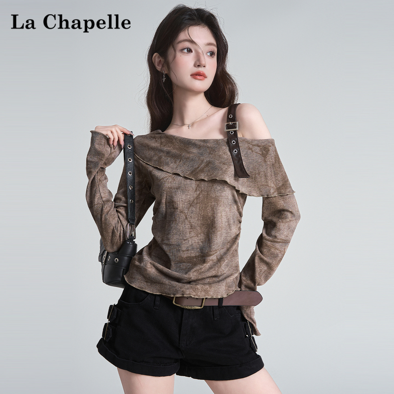 La Chapelle Early Autumn Vintage Belt Buckle Tie-Dye Off-Shoulder Long-Sleeve T-Shirt for Women with a Unique Design and Waist-Cinching Effect
