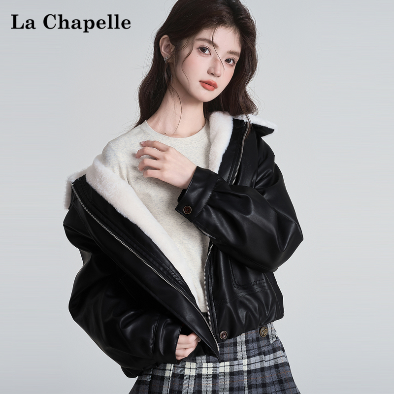 La Chapelle Black American-Style Short Fleece-Lined Thickened Warm Biker Jacket for Women, Winter Fur Collar Pu Leather Coat La Chapelle Black American-Style Short Fleece-Lined Thickened Warm Biker Jacket for Women, Winter Fur Collar Pu Leather Coat