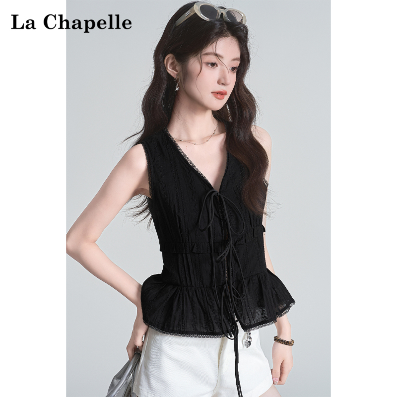 La Chapelle French-Style Unique Black Lace Waist-Cinching Tank Top for Women, Summer Slim-Fit V-Neck Sleeveless Base Shirt
