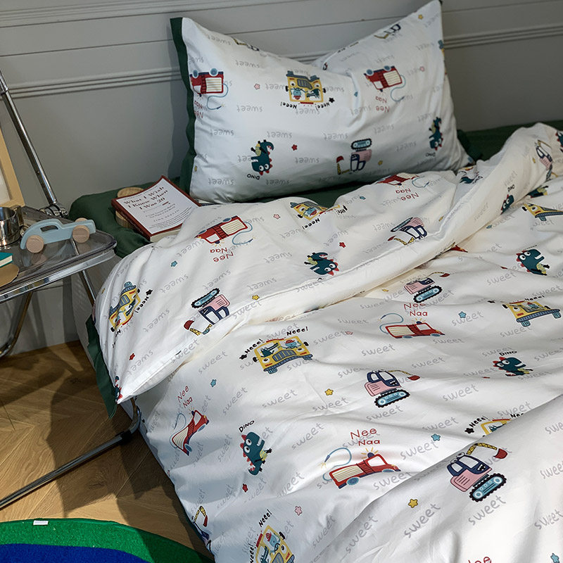 60 pcs tribute satin long-staple cotton cartoon children's cotton three-piece bedding cotton single student dinosaur car