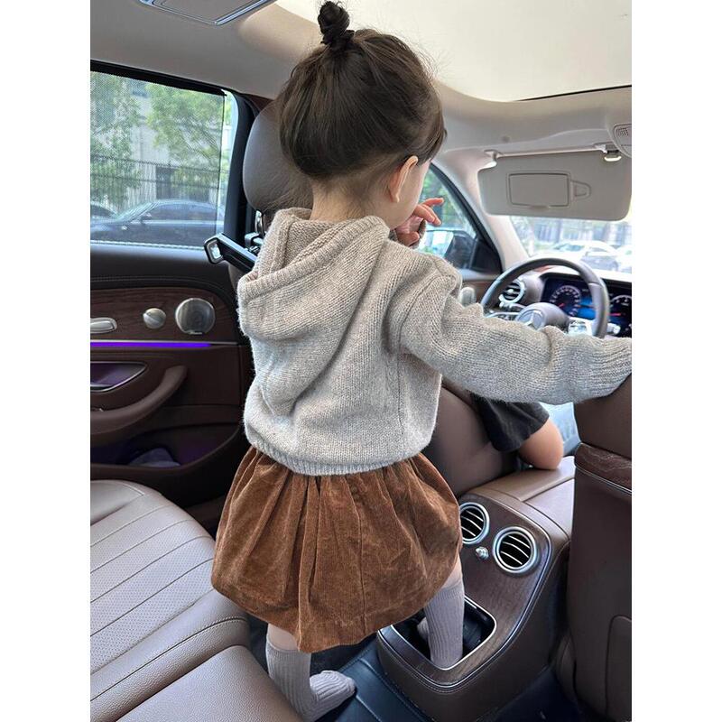 Girls' Solid Color Embroidered Mushroom Hooded Pullover Sweater, Stylish Autumn Knitwear, Retro