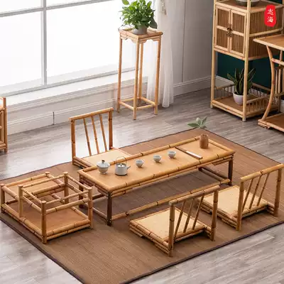 Simple Japanese tatami table bamboo rattan window small coffee table Zen low kang table balcony creative solid wood tea table and chair