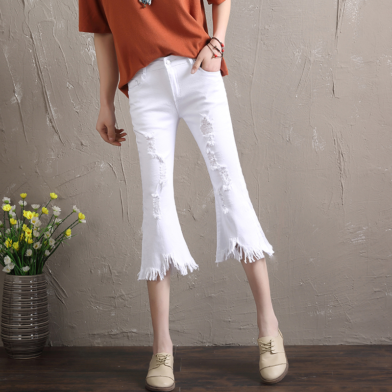 2026 New Style Flared Cropped Jeans for Women, Summer Thin Ripped High-Waisted Petite White Split Flared Pants