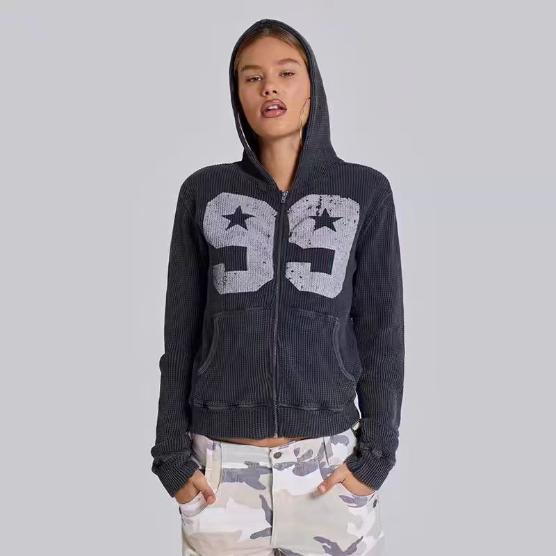Jaded London Autumn and Winter New Waffle European and American Style Unisex Hooded Cardigan Jacket for Men and Women