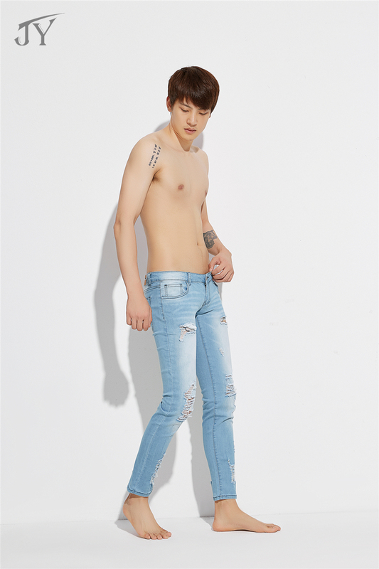 Ultra-Low-Waist High-Elasticity Tight-Fitting Men's Jeans Korean Style Ripped Fashion Sexy Nightclub Hairstylist Skinny Pants Trendy