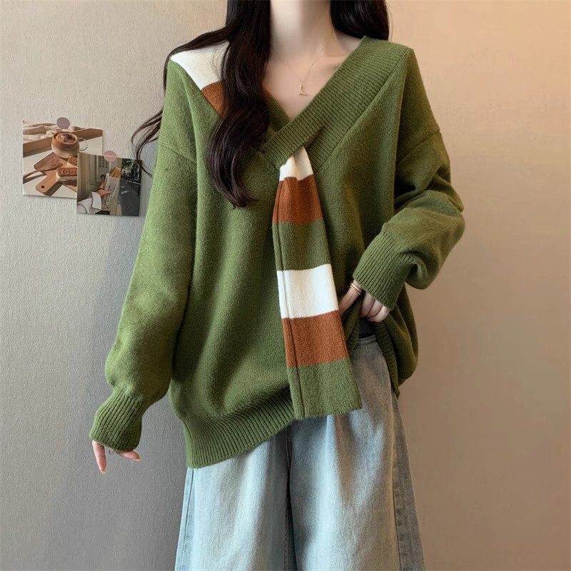Plus-Size Autumn and Winter Korean Style Lazy V-Neck Sweater Knit Top for Women, Loose and Slimming Striped Faux Two-Piece Top for Chubby Girls