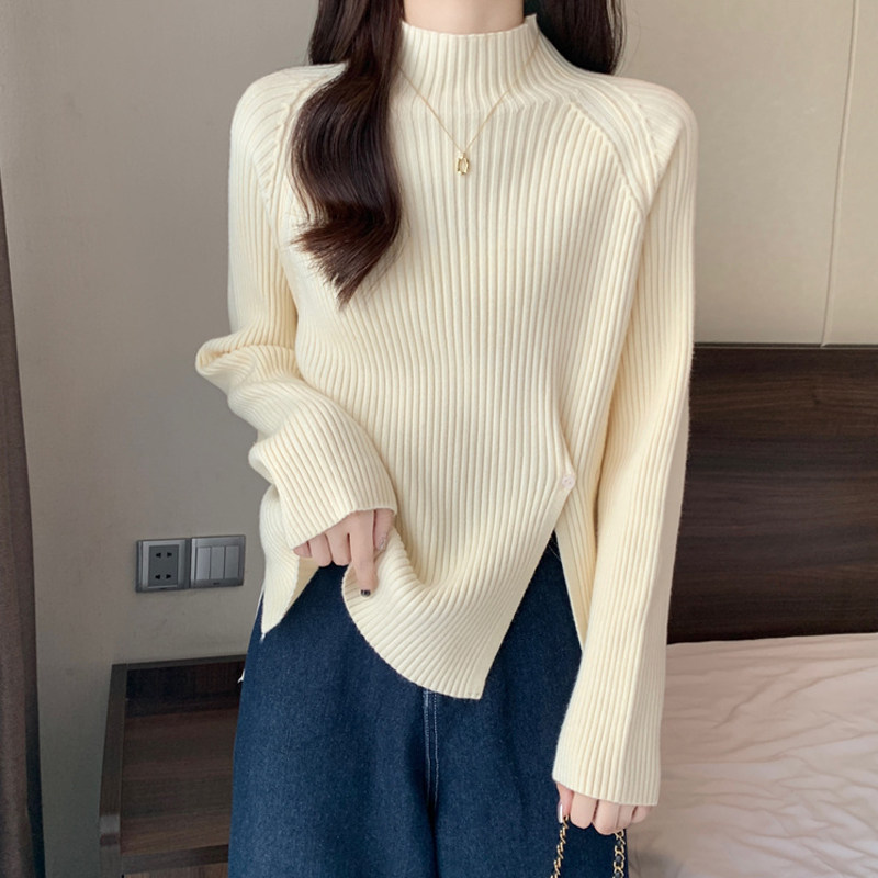 Large code autumn and winter irregular open fork long sleeve undershirt woman fat mm loose and slim half high collar knit blouses-Taobao