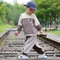 Childrens sports suit spring and autumn new boys long-sleeved sweater drawstring trousers pure cotton contrast stitching two-piece suit