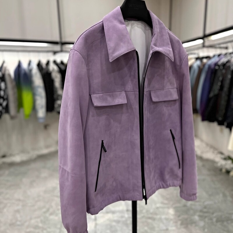 Aimago Clean Fit Simple Basic Versatile Suede Sheepskin Lapel Short Leather Jacket 5259
